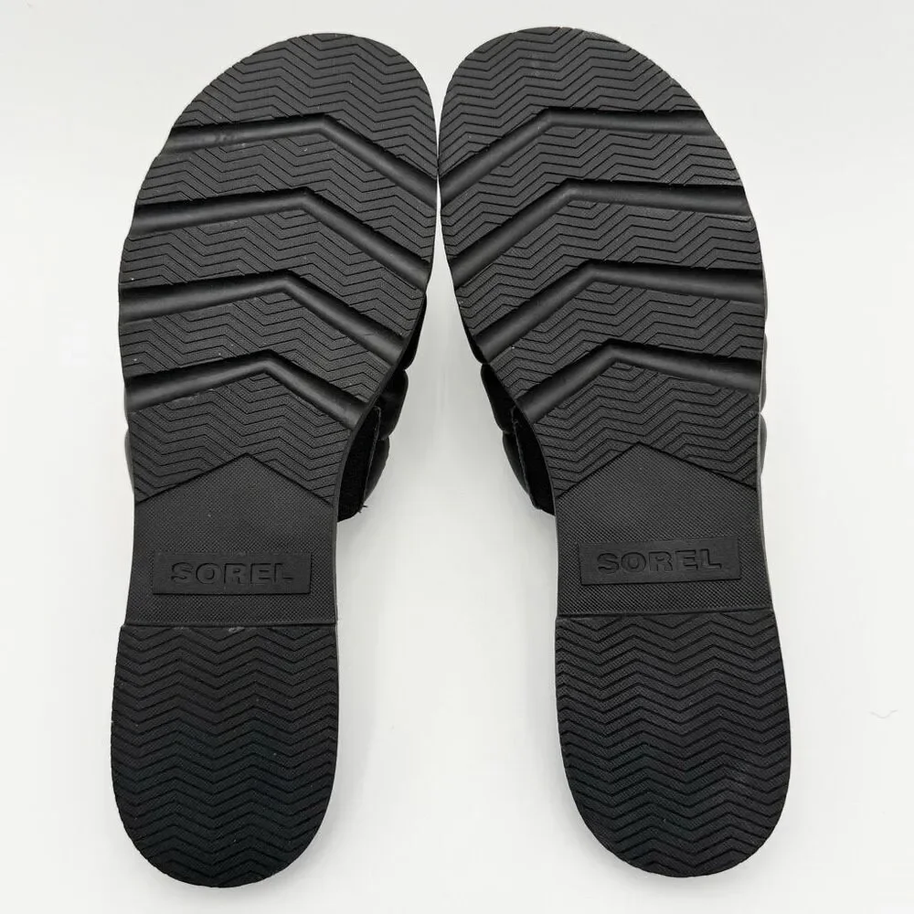 Sorel Ella III Quilted Puff Leather Black Slides - US Women’s Size 9 / EU 40 //
